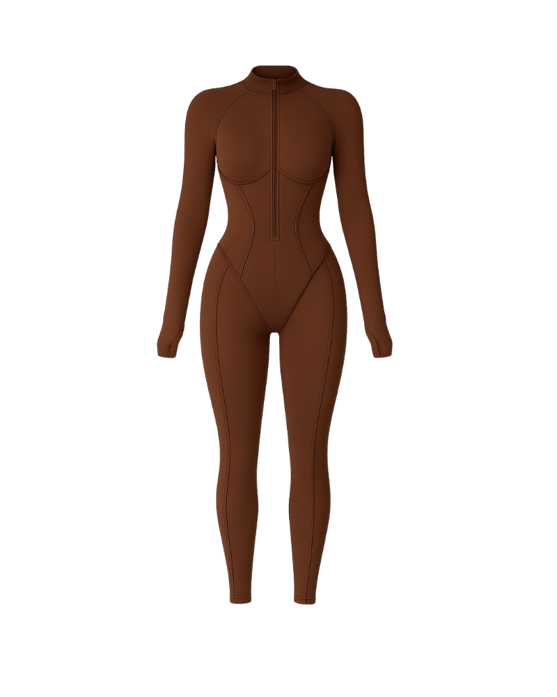 Seen brown sculpted second skin jumpsuit for women, one-piece with stretchy fabric, form-fitting and sleek.