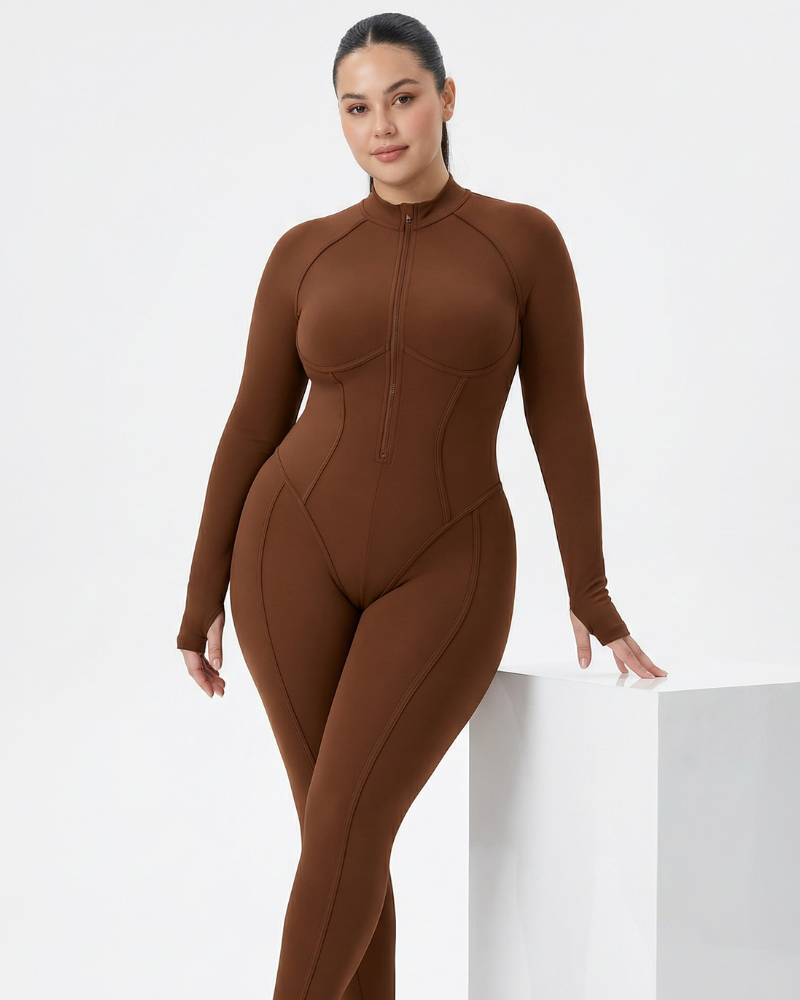 Seen sculpted second skin jumpsuit for women in brown, featuring a one-piece design with stretch fabric for a fitted look.