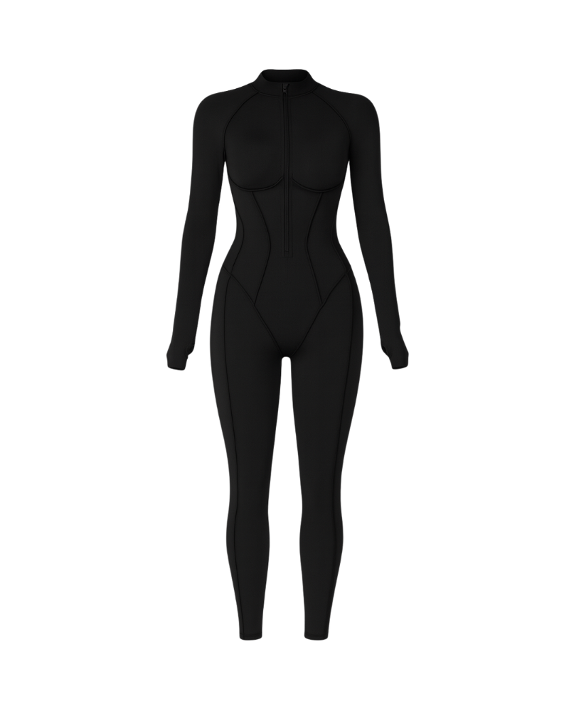 Seen sculpted second skin jumpsuit in black, stretchy one-piece for women, showcasing a sleek, fitted design with smooth fabric.