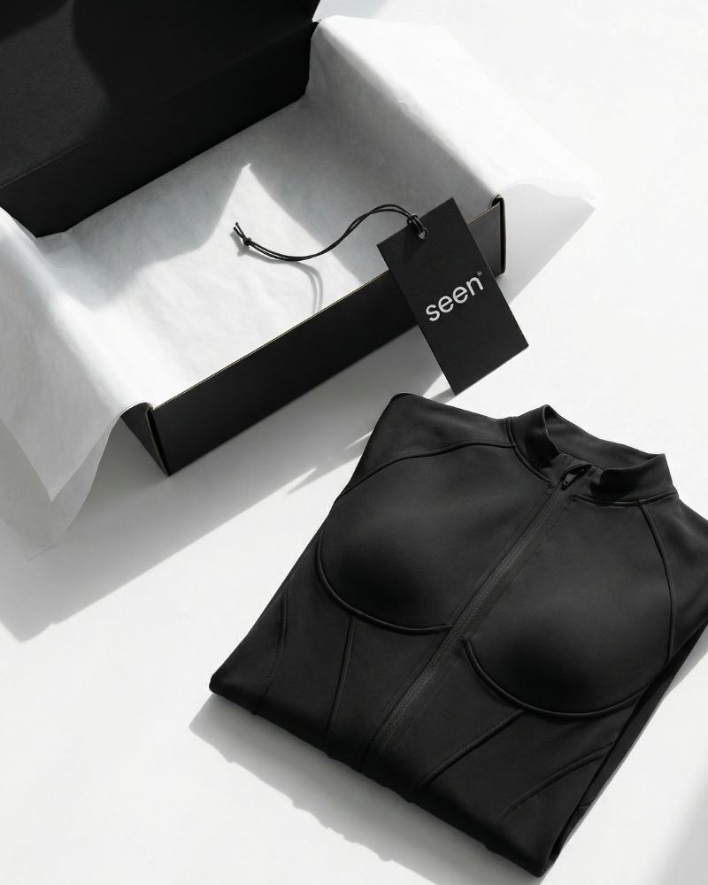 Black Seen sculpted second skin jumpsuit for women, one-piece with stretch fabric, form-fitting and sleek for a modern look.