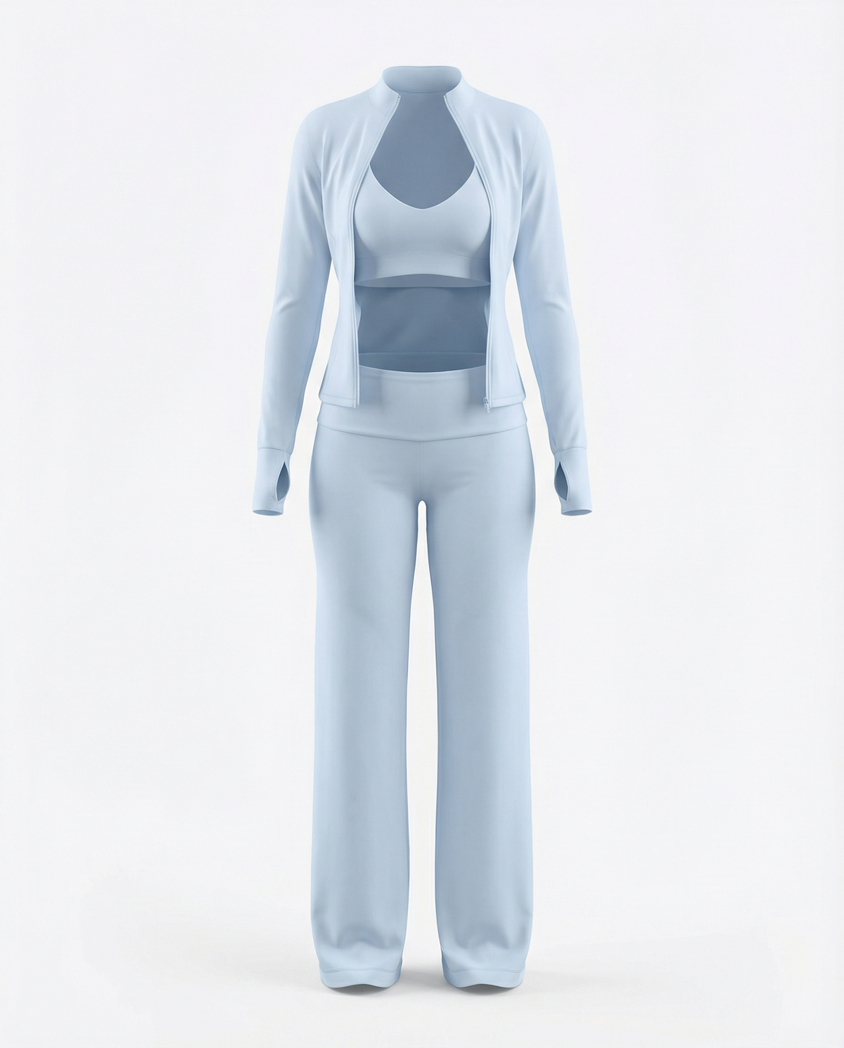 Women's Seen 3-piece set with flare pants, sports bra, and jacket, shown in a coordinated athletic outfit.