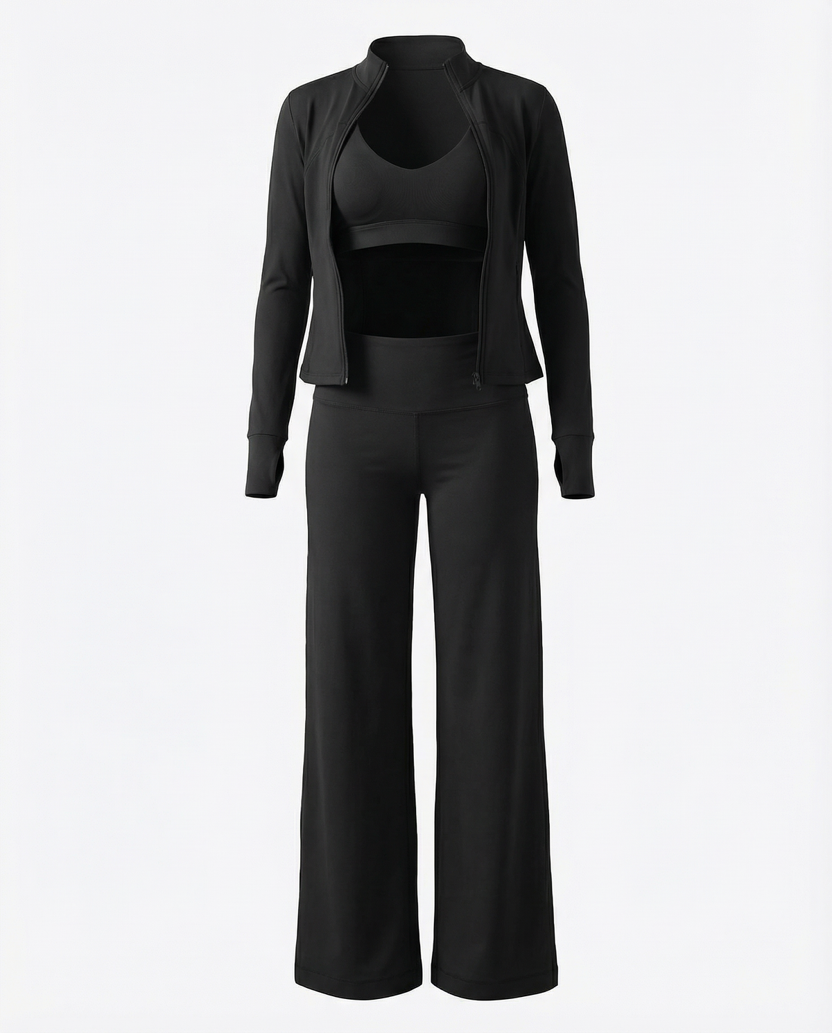 Seen women's 3-piece set with flare pants, sports bra, and jacket, displayed on a hanger against a white background.
