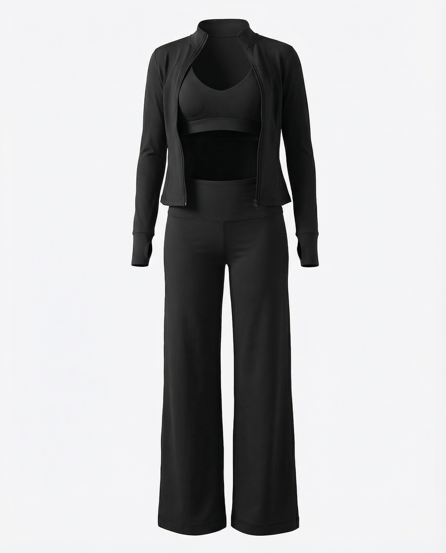 3-Piece Set – Flare Pants, Sports Bra & Jacket