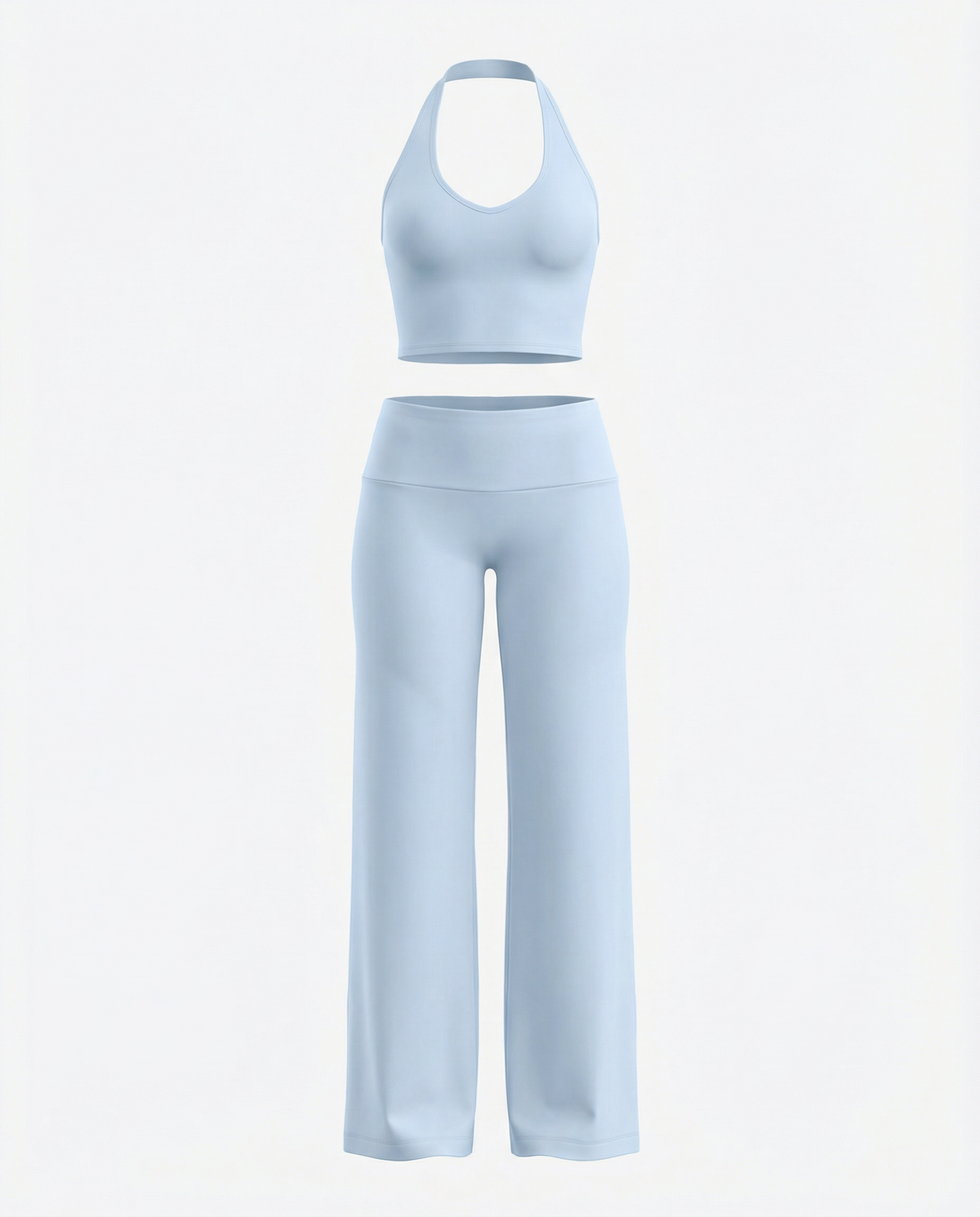 Seen flare yoga pants set with high waist and halter sports bra, shown on a model in a fitness pose.