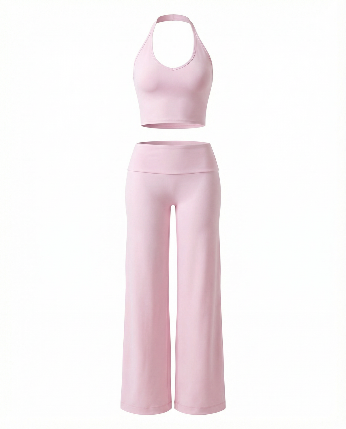 Seen flare yoga pants set with high waist and halter sports bra, featuring a stylish and comfortable activewear design.