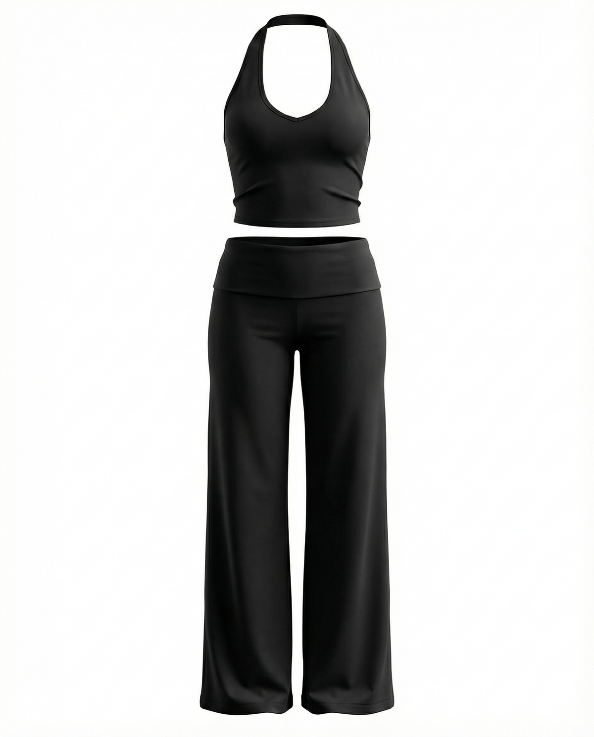 Seen flare yoga pants set with high waist and halter sports bra, shown in black fabric on a model.
