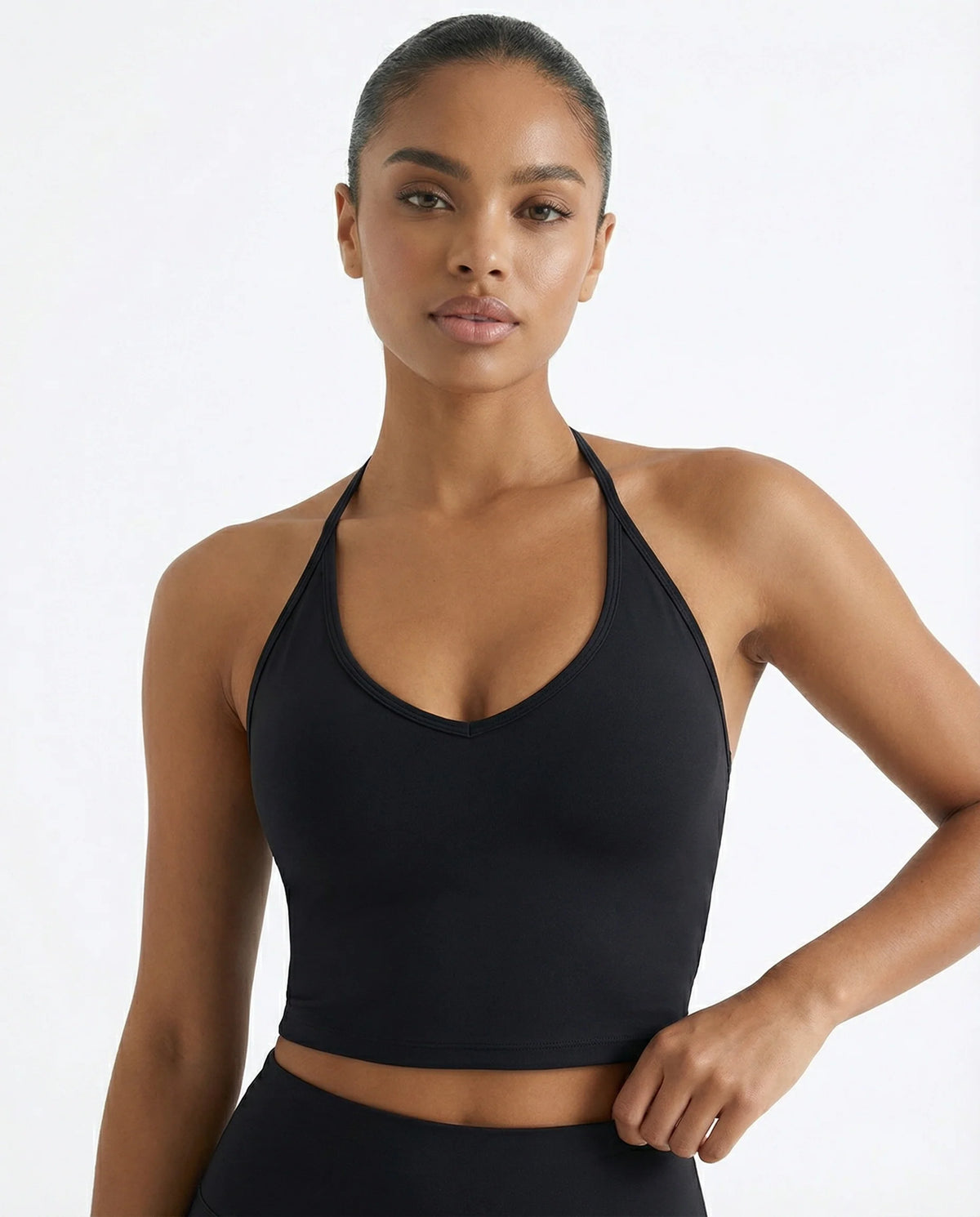 Seen high waist leggings set with sculpting fit and halter top, women's activewear ensemble featuring matching leggings and top.