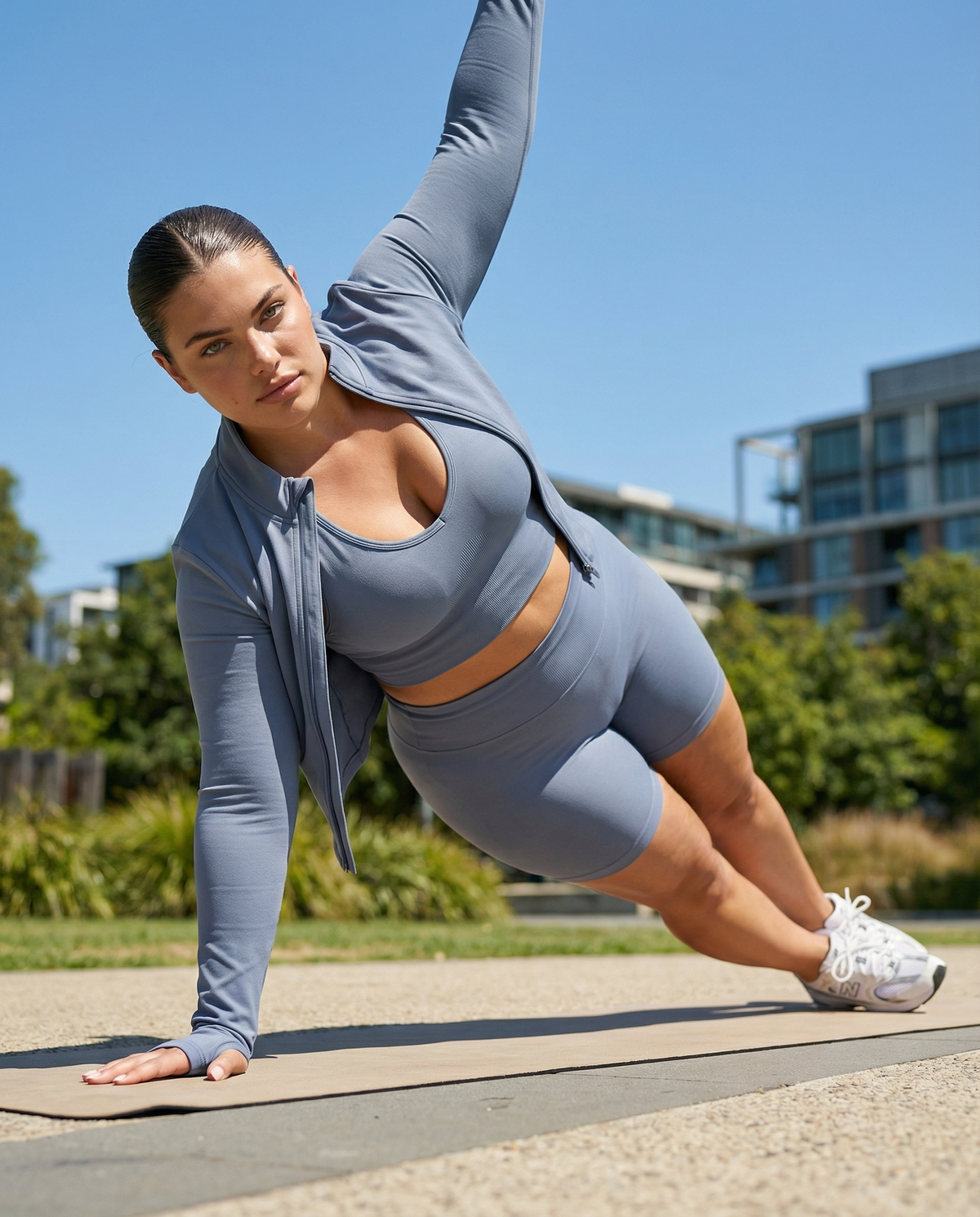 Seen women's 3-piece workout set with a jacket, sports bra, and shorts, featuring breathable athletic fabric and stylish fit.