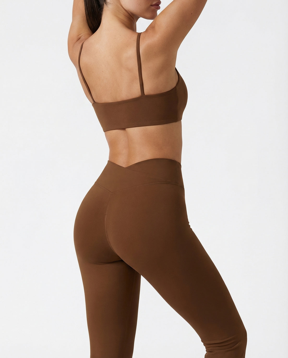 Seen flare yoga pants set with high waist leggings and matching sports bra, designed for activewear and comfortable movement.