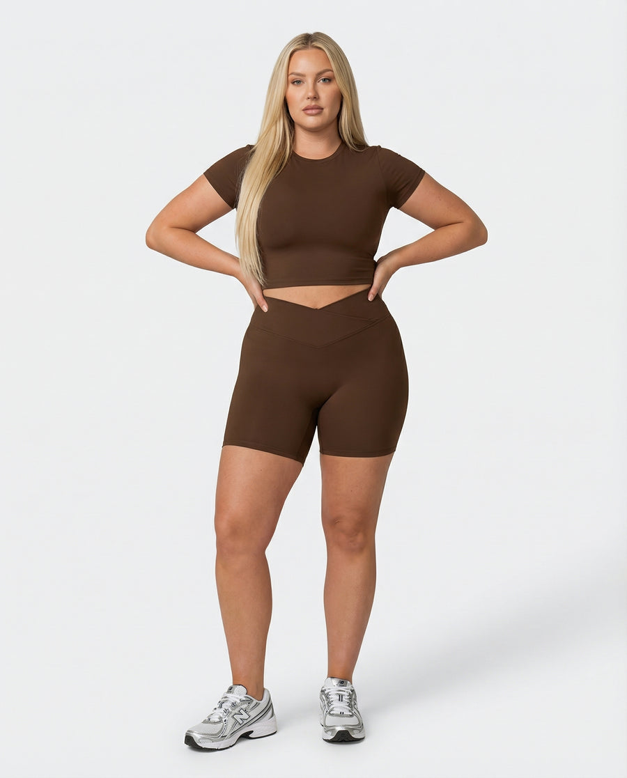 SculptFit Crop Top Shorts Set in Brown