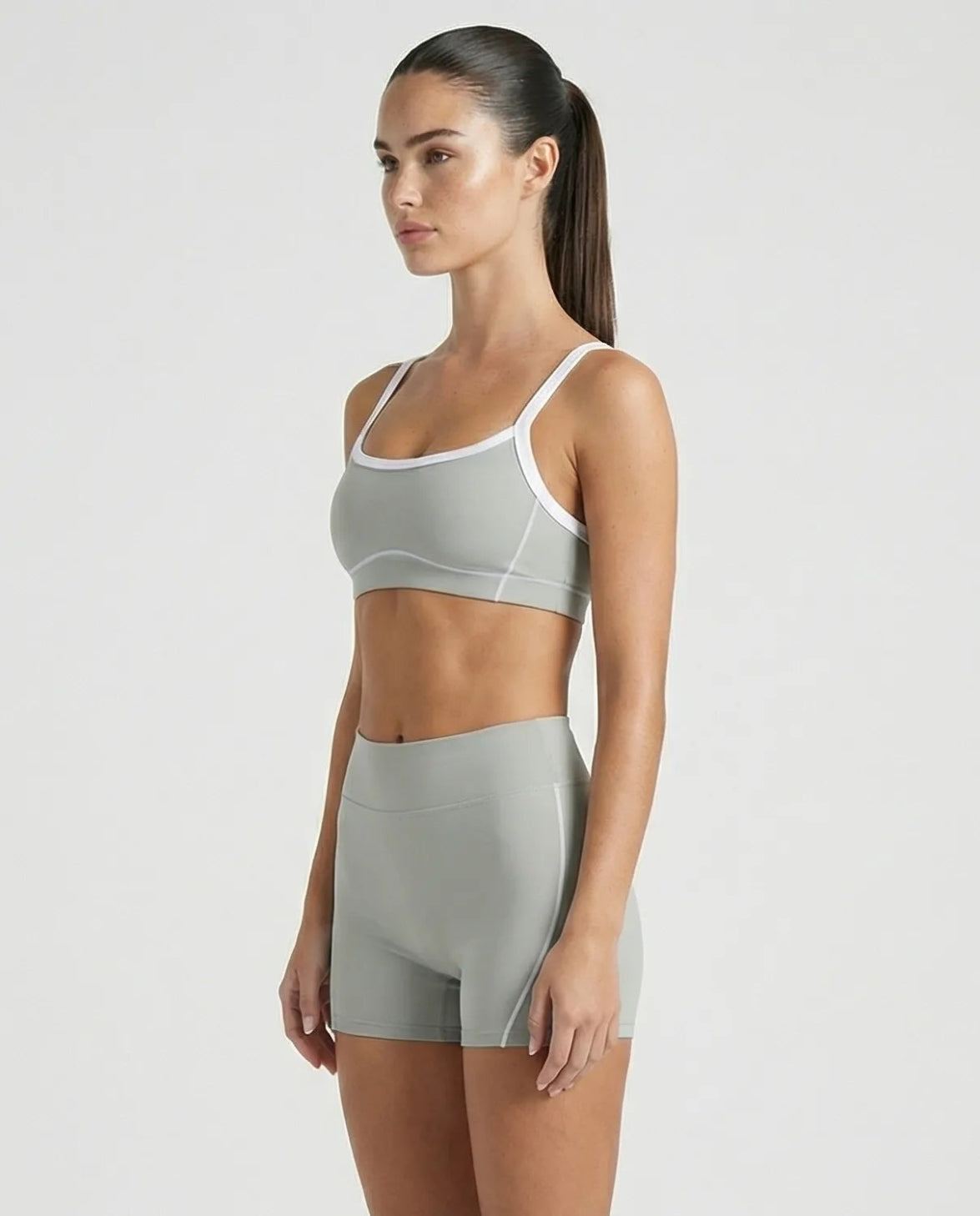 Light Grey Contrast Trim Biker Short Set