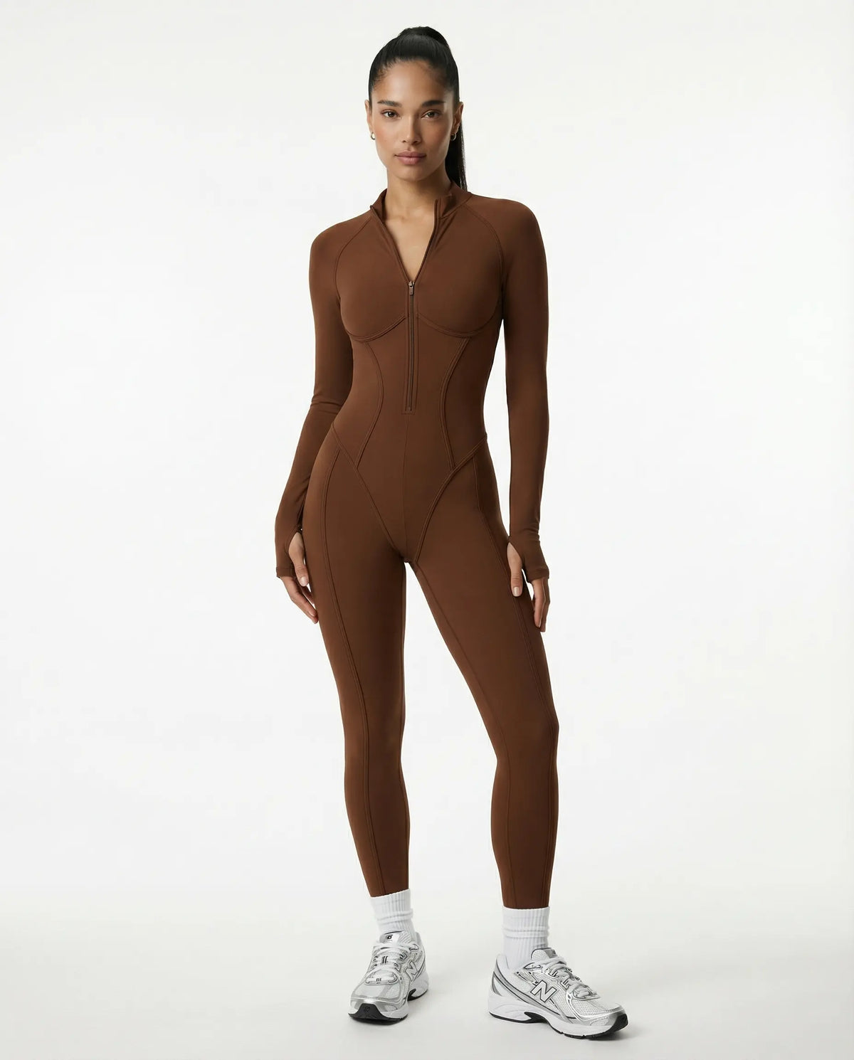 Sculpted Second Skin Jumpsuit Brown Women One Piece Stretch Fabric