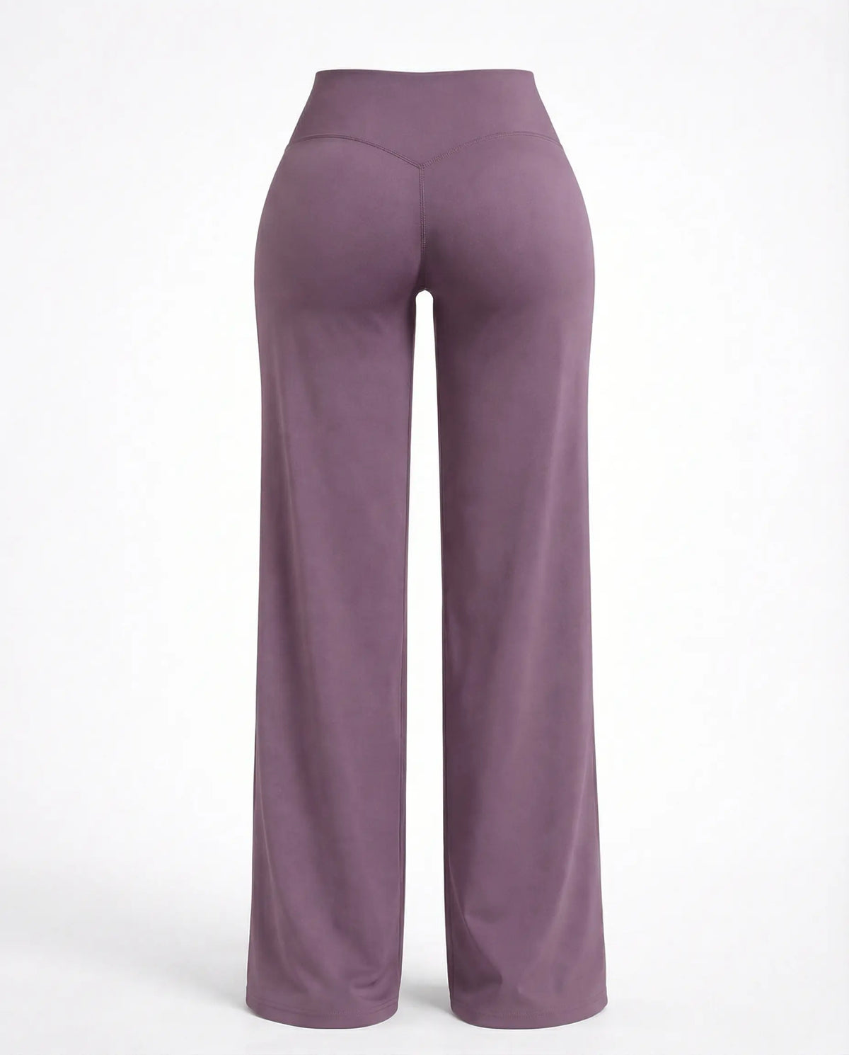 Mauve high waist crossover wide leg leggings back view, ghost mannequin showing V-waistband detail