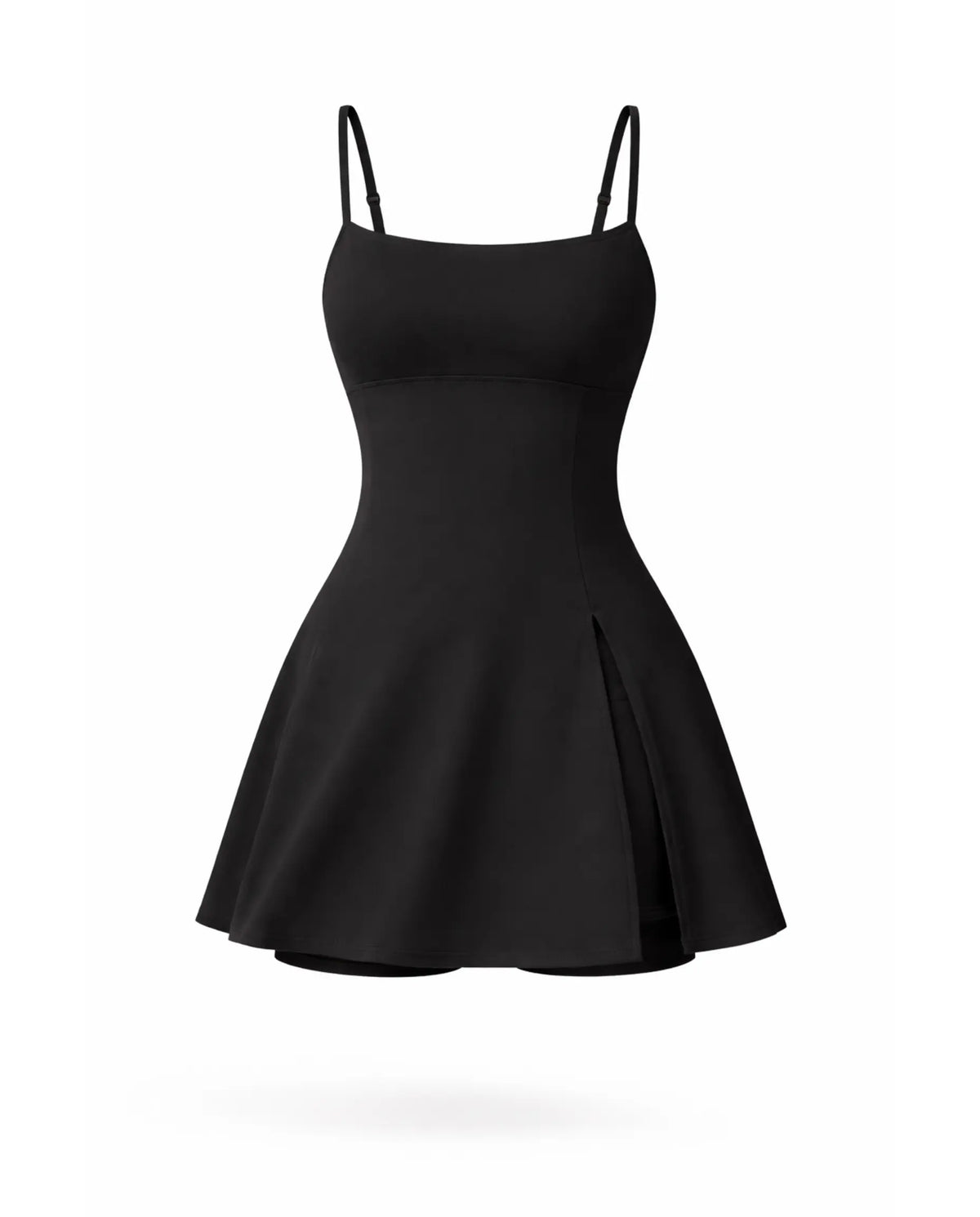 Women's black padel dress with spaghetti straps and side splits displayed on ghost mannequin front view.