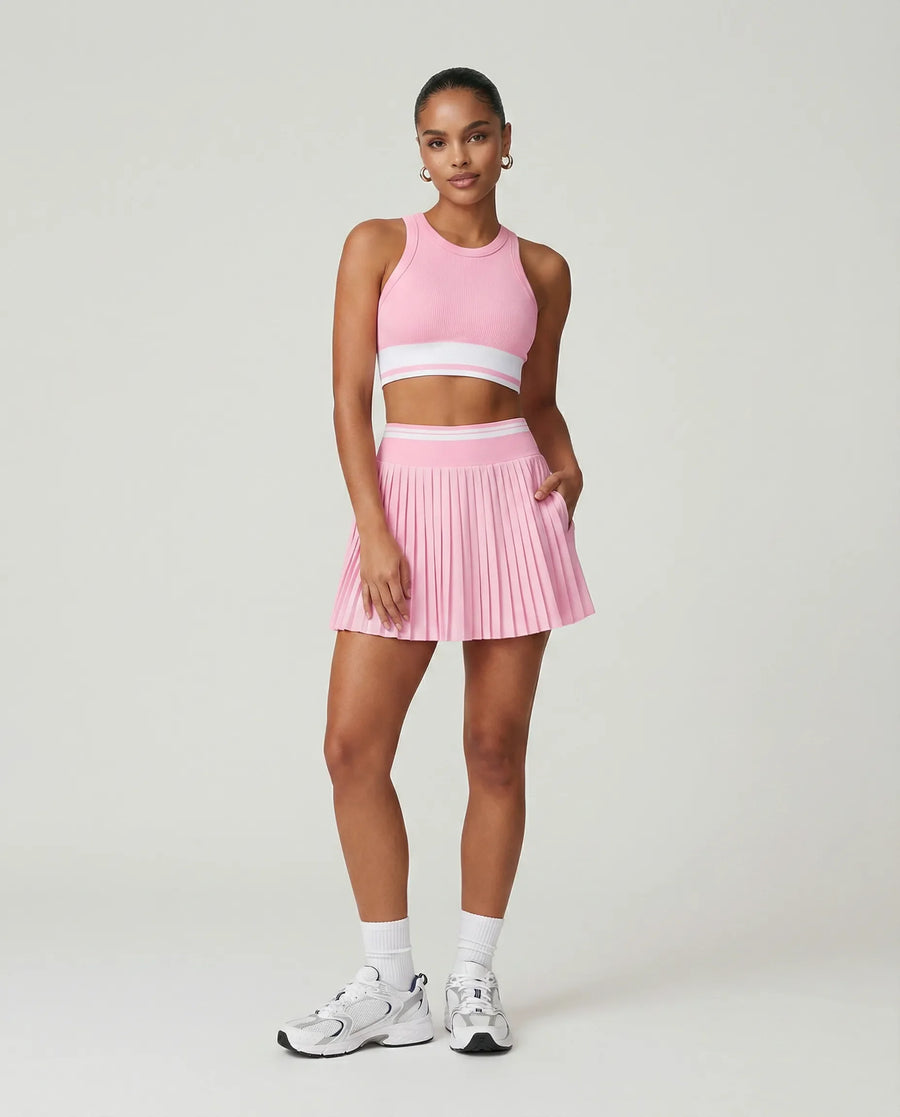 Women Padel Matching Set Pleated Skirt & Crop Top Activewear Pink