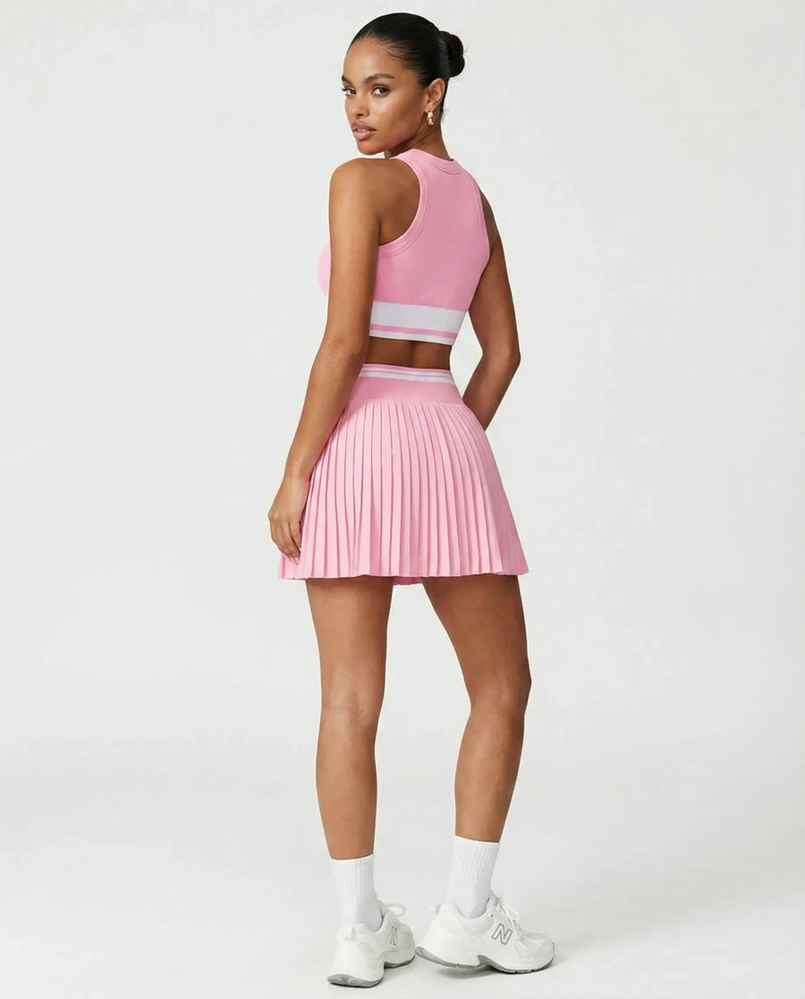 Women Padel Matching Set Pleated Skirt & Crop Top Activewear Pink