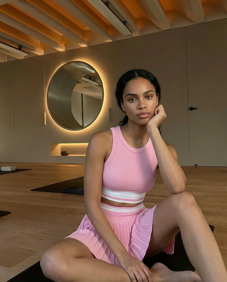 Women Padel Matching Set Pleated Skirt & Crop Top Activewear Pink
