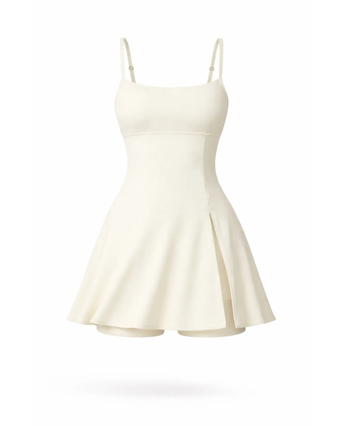 Women's padel dress in creme with square neckline and adjustable straps, ghost mannequin front view.