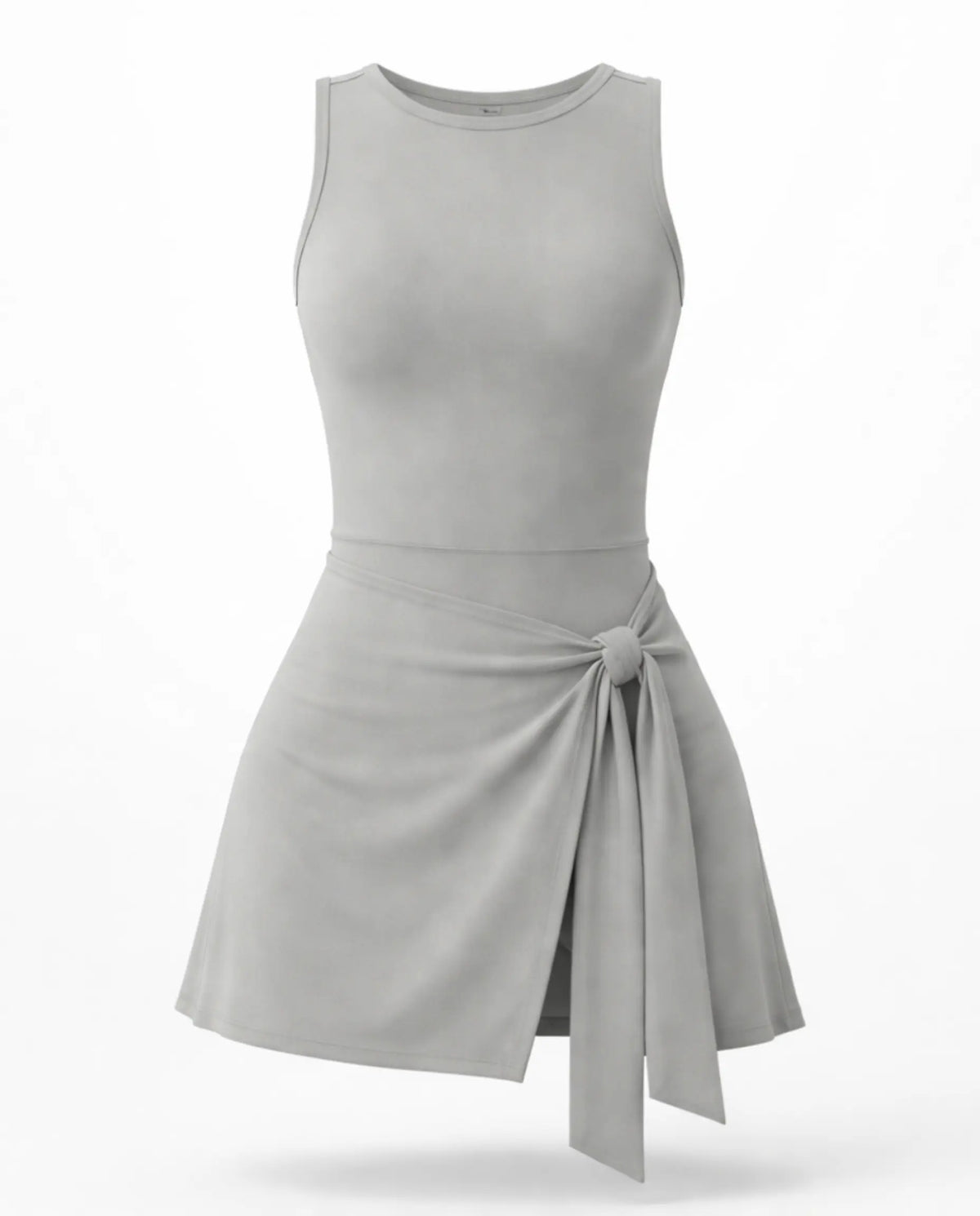 Women's grey active set with sculpting sleeveless top and wrap-tie skirt displayed on ghost mannequin, front view.