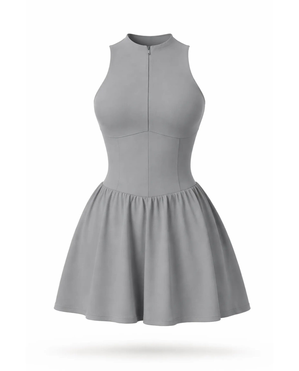 Front view of women's grey padel dress with zip front and sculpting corset bodice on ghost mannequin.