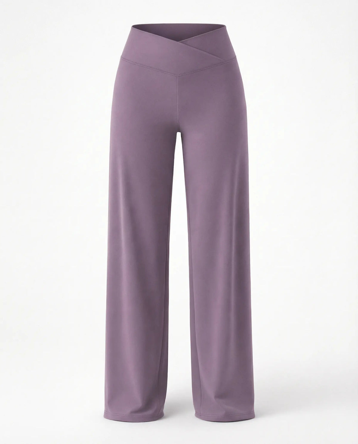Mauve high waist crossover wide leg leggings front view, ghost mannequin showing crossover V-panel waistband