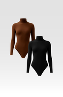 Seamless Turtleneck Long Sleeve Bodysuit Brown Women Stretch Fabric