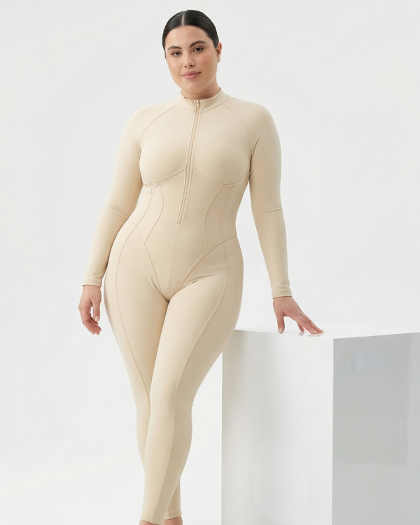 Sculpted Second Skin Jumpsuit Cream Women One Piece Stretch Fabric