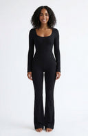 Flared Yoga Jumpsuit Black Women One Piece Flared Leg Stretch Fabric