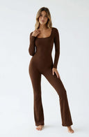 Flared Yoga Jumpsuit Brown Women One Piece Flared Leg Stretch Fabric