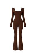 Flared Yoga Jumpsuit Brown Women One Piece Flared Leg Stretch Fabric