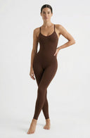 Cross Back Women Yoga Jumpsuit Brown Sculpting One Piece Activewear