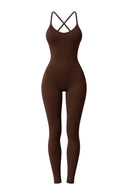 Cross Back Women Yoga Jumpsuit Brown Sculpting One Piece Activewear