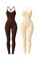 Cross Back Women Yoga Jumpsuit Brown Sculpting One Piece Activewear