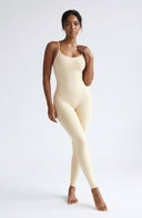 Cross Back Women Yoga Jumpsuit Beige Sculpting One Piece Activewear