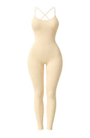 Cross Back Women Yoga Jumpsuit Beige Sculpting One Piece Activewear