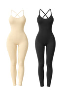 Cross Back Women Yoga Jumpsuit Beige Sculpting One Piece Activewear