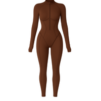Seen brown sculpted second skin jumpsuit for women, one-piece with stretchy fabric, form-fitting and sleek.