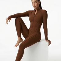 Seen brown sculpted second skin jumpsuit for women, one-piece with stretch fabric fitting closely and highlighting the figure.