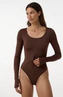 Seamless Scoop Neck Bodysuit Brown Women Long Sleeve Stretch Fabric