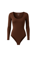 Seamless Scoop Neck Bodysuit Brown Women Long Sleeve Stretch Fabric