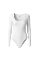 Seamless Scoop Neck Bodysuit White Women Long Sleeve Stretch Fabric