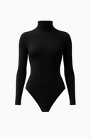 Seamless Turtleneck Long Sleeve Bodysuit Black Women Stretch Fabric