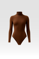 Seamless Turtleneck Long Sleeve Bodysuit Brown Women Stretch Fabric