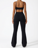Seen women's flare yoga pants set featuring high waist leggings and matching sports bra, ideal for activewear and yoga sessions.