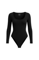 Seamless Scoop Neck Bodysuit Black Women Long Sleeve Stretch Fabric