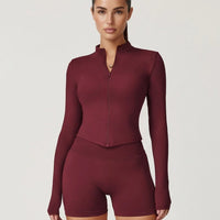 Burgundy Zip Jacket Women Seamless Fitted Cropped