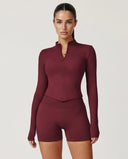 Burgundy Zip Jacket Women Seamless Fitted Cropped