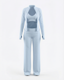 Women's Seen 3-piece set with flare pants, sports bra, and jacket, shown in a coordinated athletic outfit.