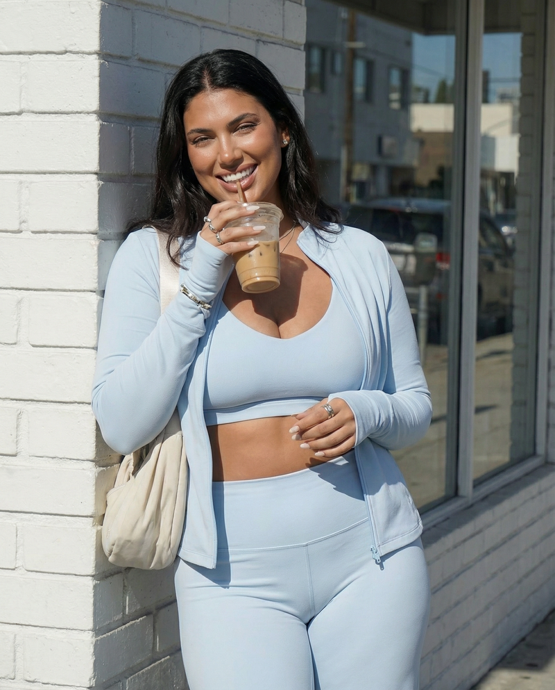 Seen women's 3-piece flare pants, sports bra, and jacket set displayed on a model, showcasing activewear style and fit.