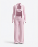 Women's Seen 3-piece set with flare pants, sports bra, and jacket, displayed on a neutral background.